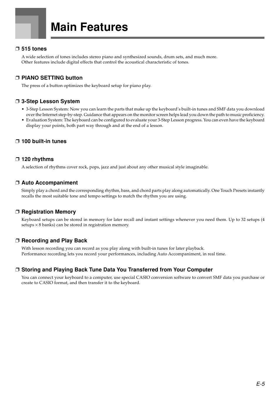 Main features | Casio WK110 User Manual | Page 7 / 71