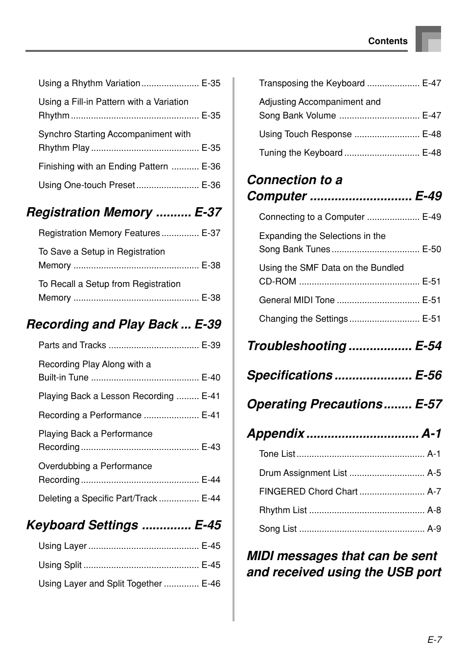 Recording and play back ... e-39, Keyboard settings .............. e-45 | Casio WK110 User Manual | Page 9 / 71