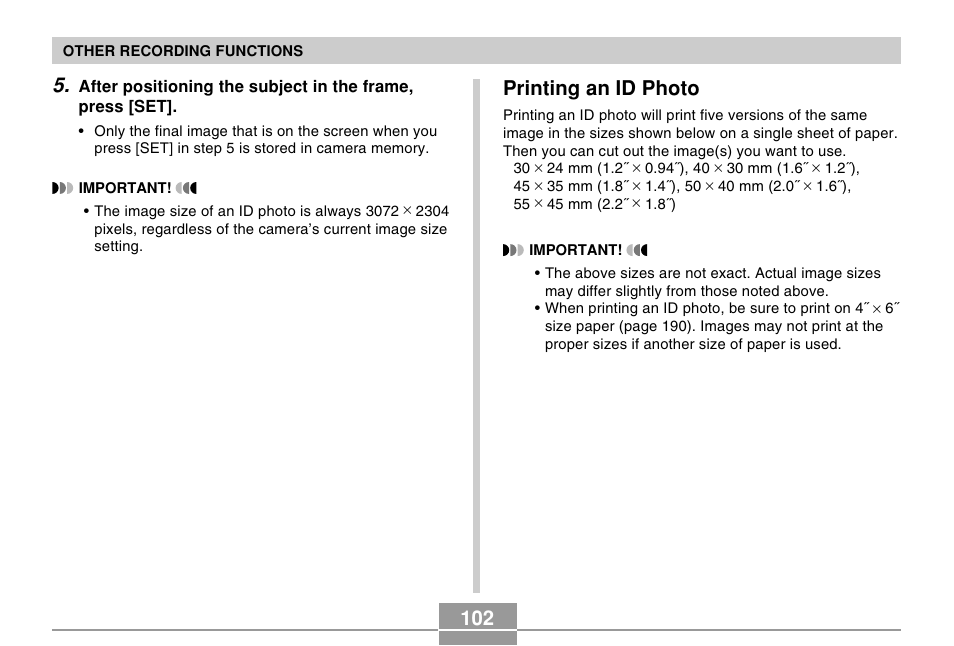 Printing an id photo | Casio EX-Z750 User Manual | Page 102 / 250