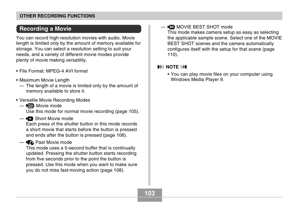 Recording a movie | Casio EX-Z750 User Manual | Page 103 / 250