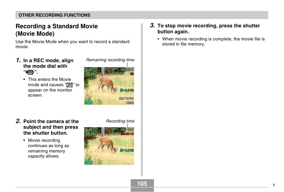 Recording a standard movie (movie mode) | Casio EX-Z750 User Manual | Page 105 / 250