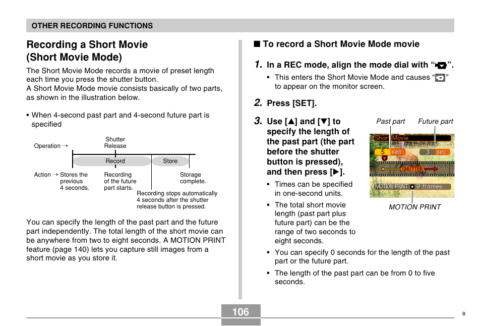 Recording a short movie (short movie mode) | Casio EX-Z750 User Manual | Page 106 / 250