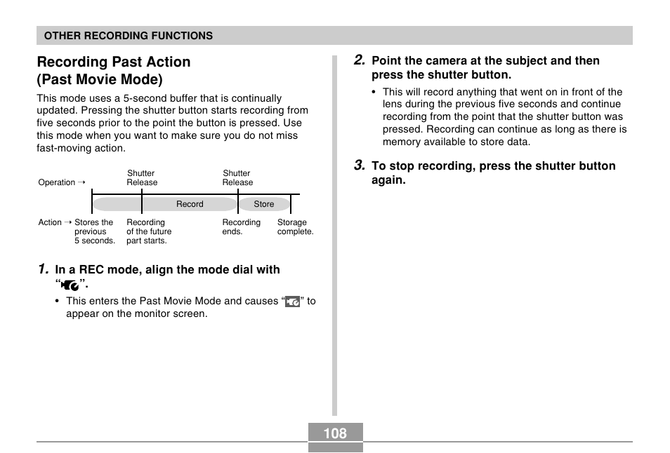 Recording past action (past movie mode) | Casio EX-Z750 User Manual | Page 108 / 250