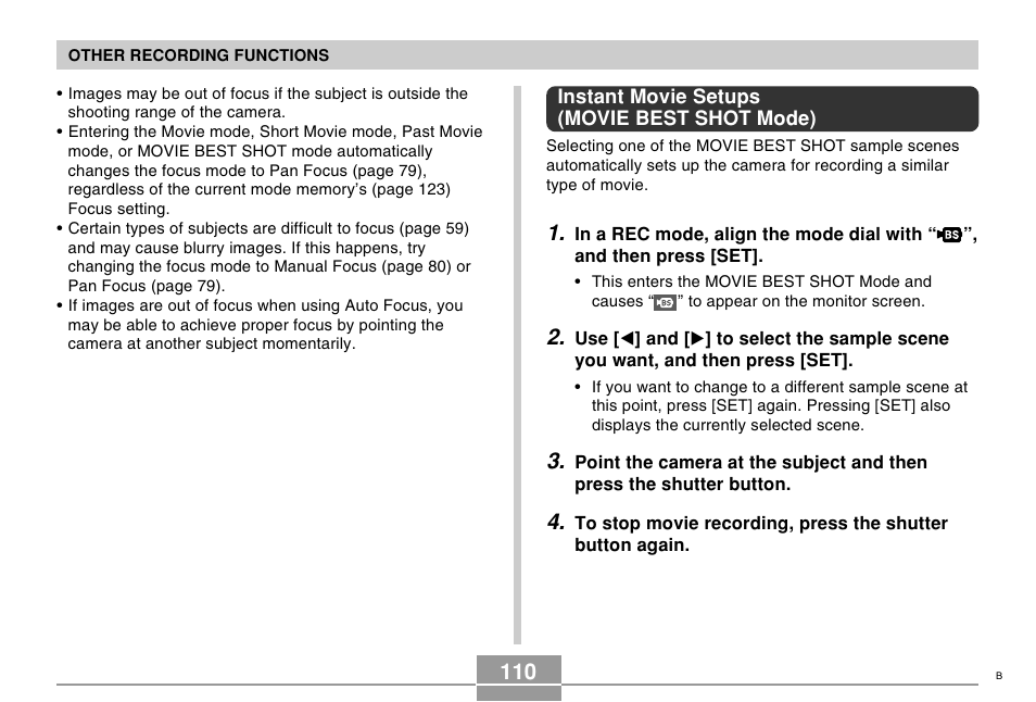 Instant movie setups (movie best shot mode) | Casio EX-Z750 User Manual | Page 110 / 250