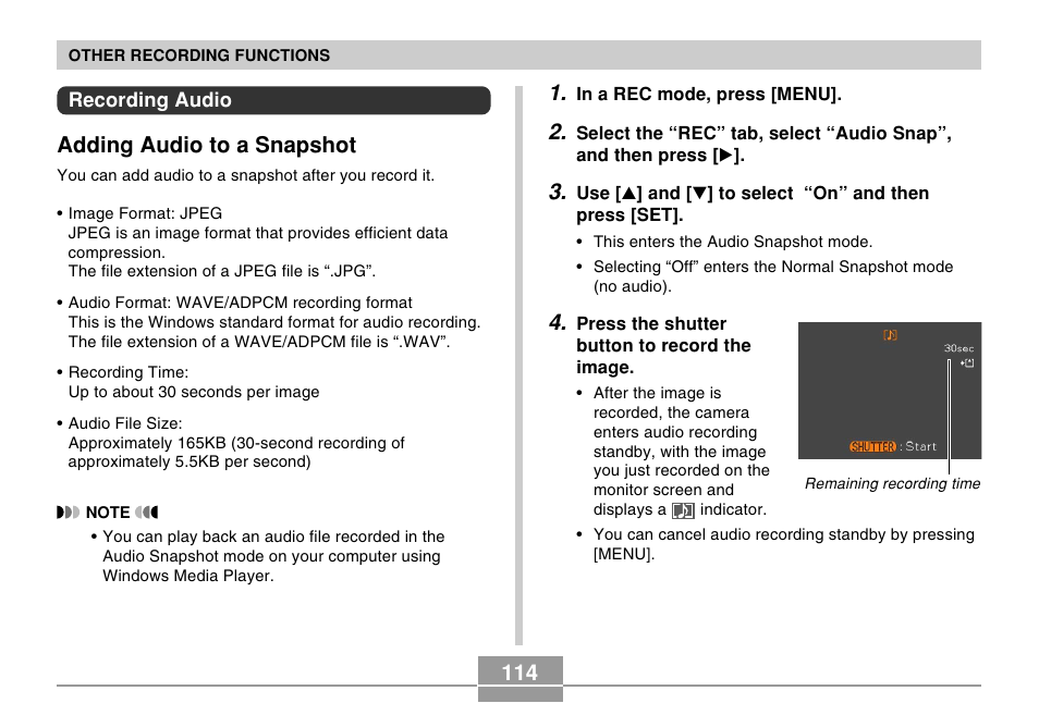 Recording audio, Adding audio to a snapshot | Casio EX-Z750 User Manual | Page 114 / 250