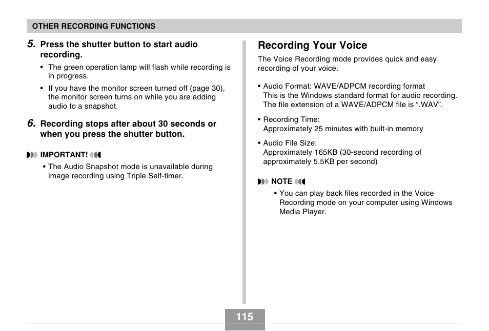 Recording your voice | Casio EX-Z750 User Manual | Page 115 / 250