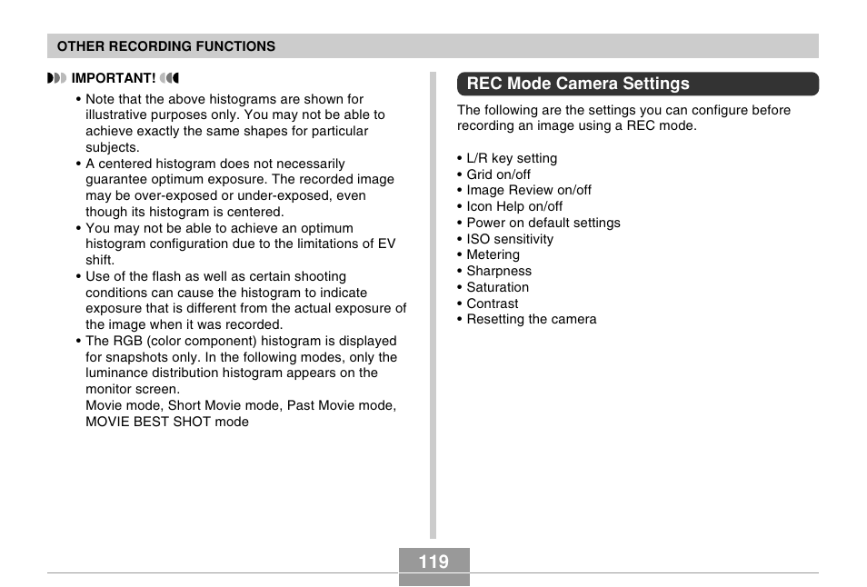 Rec mode camera settings | Casio EX-Z750 User Manual | Page 119 / 250