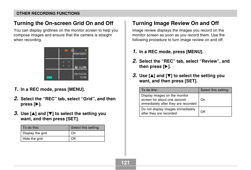 Turning the on-screen grid on and off, Turning image review on and off | Casio EX-Z750 User Manual | Page 121 / 250