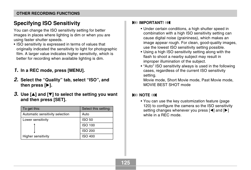 Specifying iso sensitivity | Casio EX-Z750 User Manual | Page 125 / 250