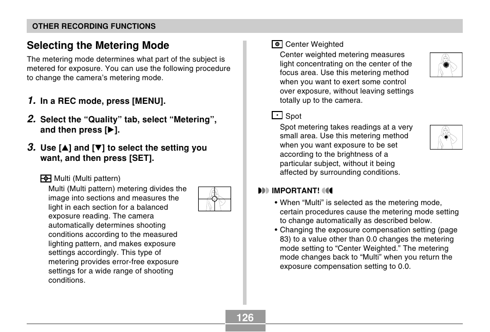 Selecting the metering mode | Casio EX-Z750 User Manual | Page 126 / 250