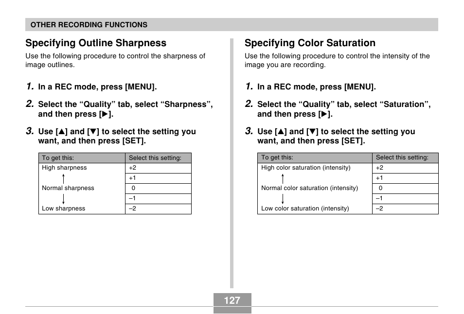 Specifying outline sharpness, Specifying color saturation | Casio EX-Z750 User Manual | Page 127 / 250