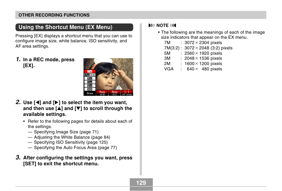 Using the shortcut menu (ex menu) | Casio EX-Z750 User Manual | Page 129 / 250