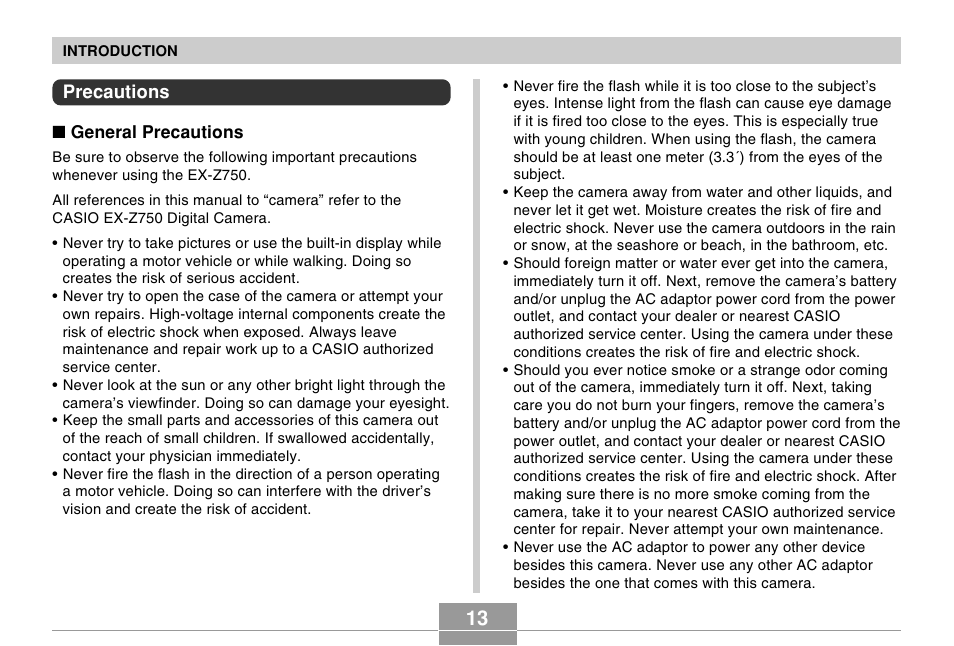 Precautions | Casio EX-Z750 User Manual | Page 13 / 250