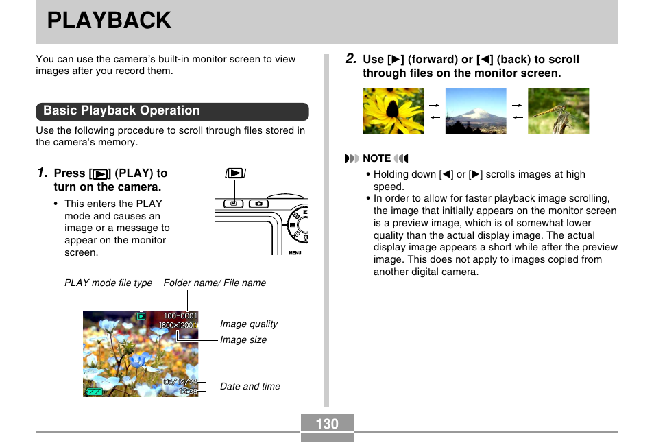 Playback, Basic playback operation | Casio EX-Z750 User Manual | Page 130 / 250