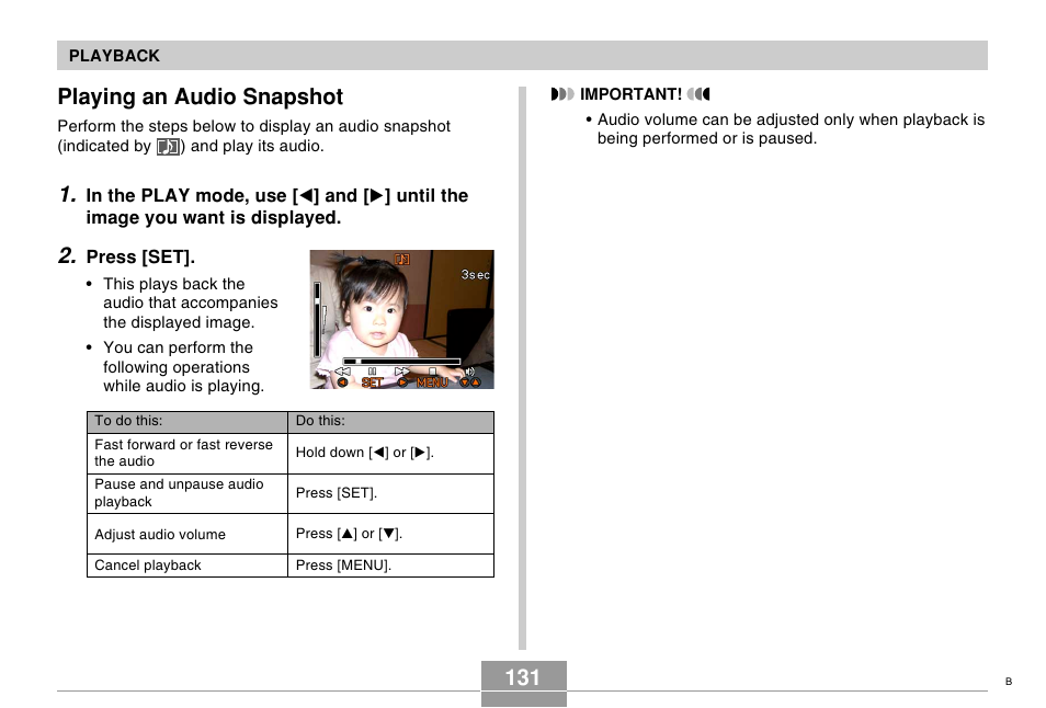 Playing an audio snapshot | Casio EX-Z750 User Manual | Page 131 / 250