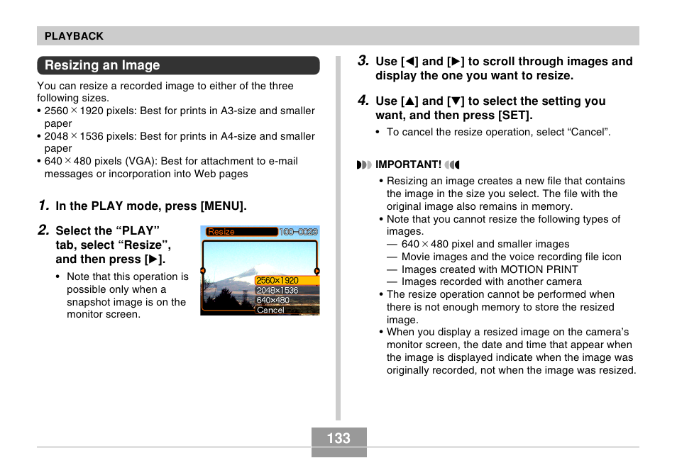 Resizing an image | Casio EX-Z750 User Manual | Page 133 / 250