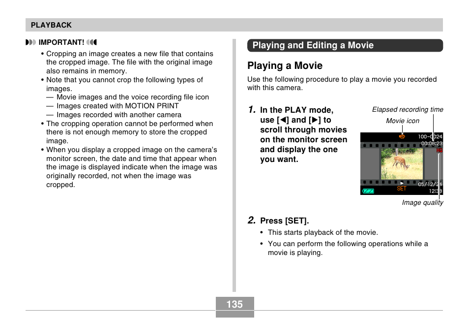 Playing and editing a movie, Playing a movie | Casio EX-Z750 User Manual | Page 135 / 250