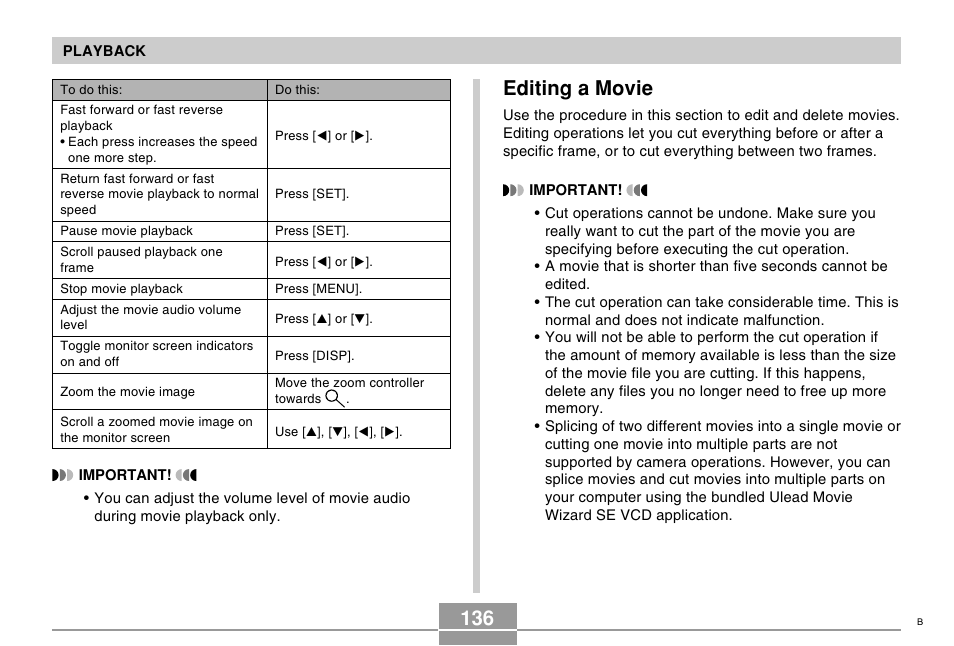 Editing a movie | Casio EX-Z750 User Manual | Page 136 / 250