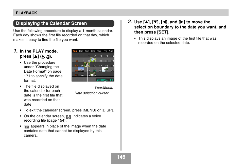 Displaying the calendar screen | Casio EX-Z750 User Manual | Page 146 / 250