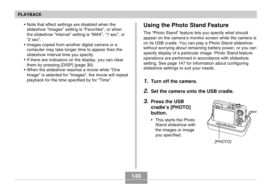 Using the photo stand feature | Casio EX-Z750 User Manual | Page 149 / 250