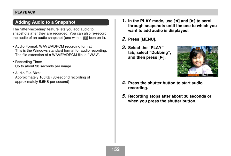 Adding audio to a snapshot | Casio EX-Z750 User Manual | Page 152 / 250