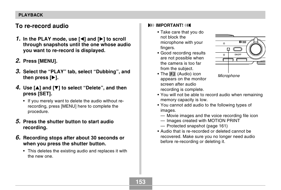 To re-record audio | Casio EX-Z750 User Manual | Page 153 / 250