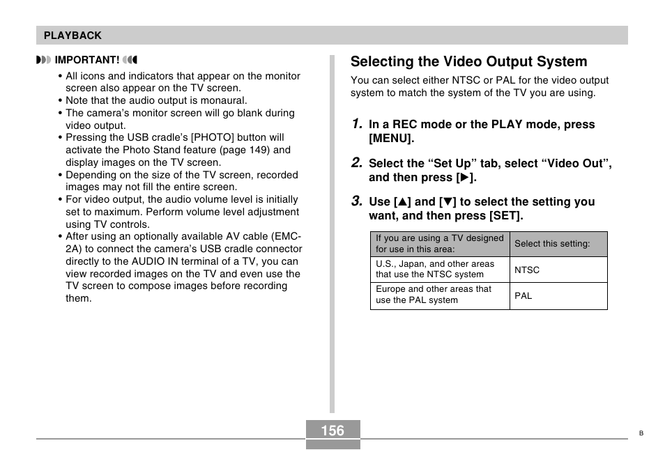 Selecting the video output system | Casio EX-Z750 User Manual | Page 156 / 250