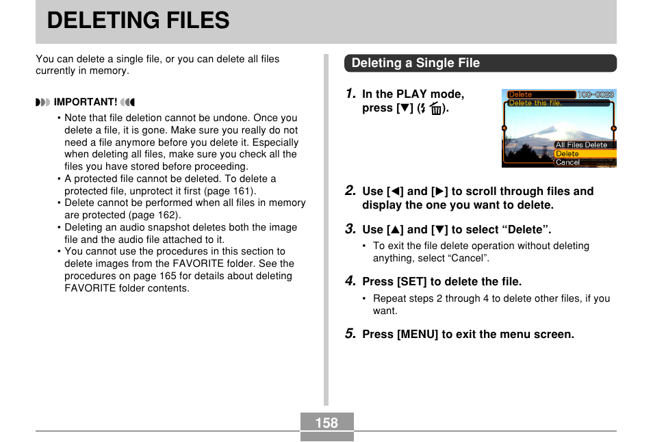 Deleting files, Deleting a single file | Casio EX-Z750 User Manual | Page 158 / 250