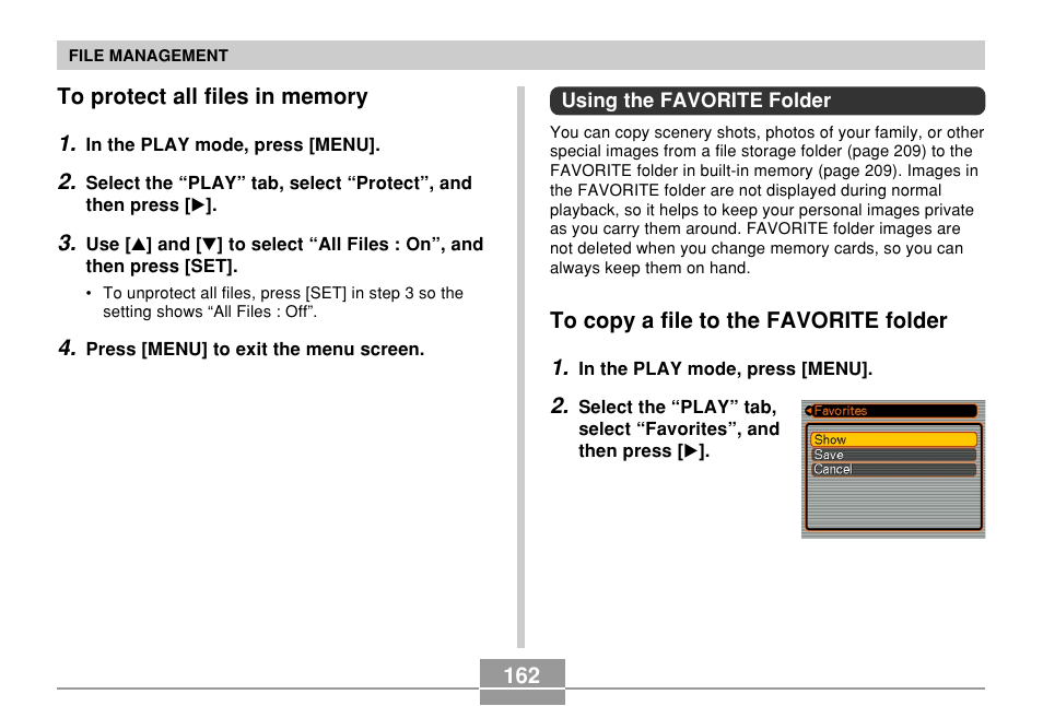 To protect all files in memory, Using the favorite folder, To copy a file to the favorite folder | Casio EX-Z750 User Manual | Page 162 / 250