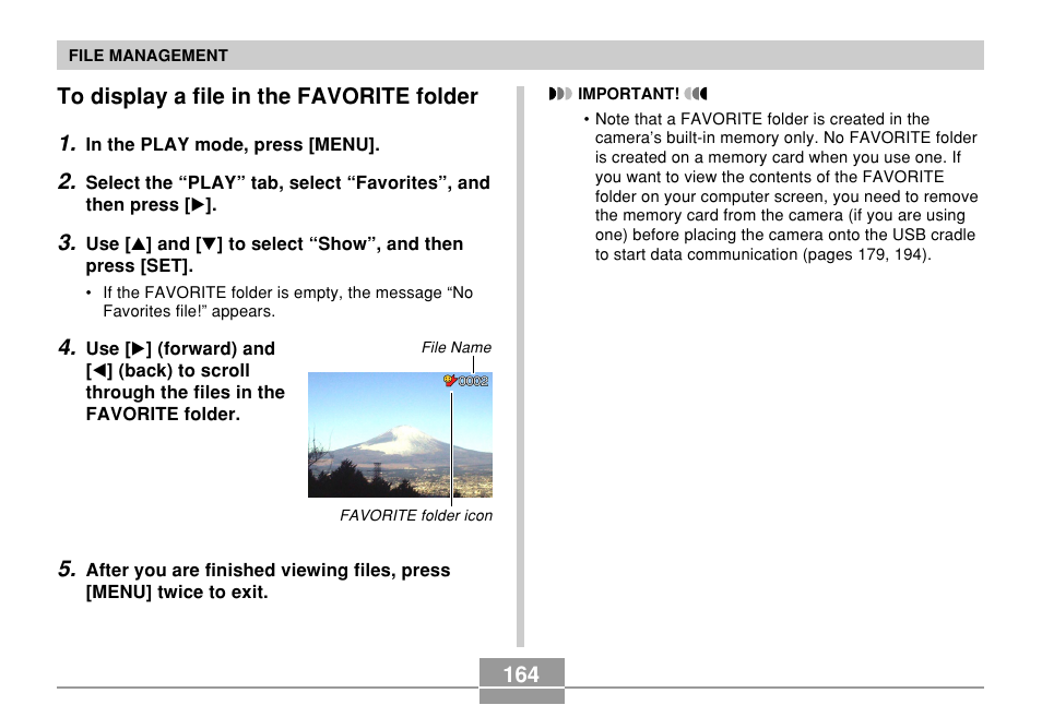 To display a file in the favorite folder, 164 to display a file in the favorite folder 1 | Casio EX-Z750 User Manual | Page 164 / 250