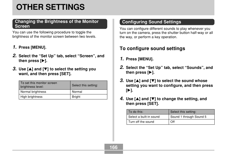 Other settings, Changing the brightness of the monitor screen, Configuring sound settings | To configure sound settings | Casio EX-Z750 User Manual | Page 166 / 250