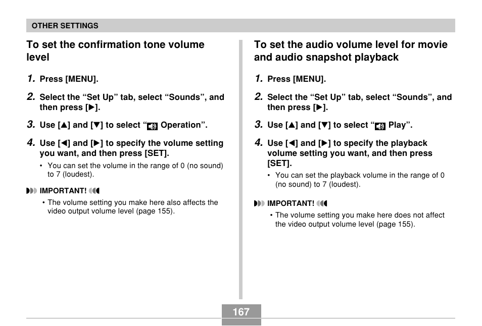 To set the confirmation tone volume level | Casio EX-Z750 User Manual | Page 167 / 250