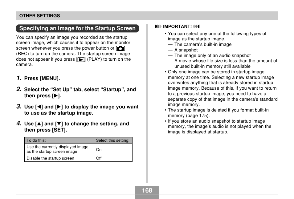 Specifying an image for the startup screen | Casio EX-Z750 User Manual | Page 168 / 250