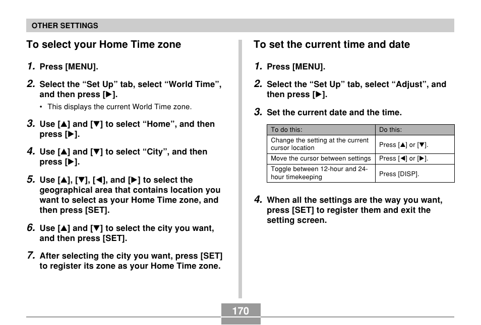 To select your home time zone, To set the current time and date, 170 to select your home time zone 1 | Casio EX-Z750 User Manual | Page 170 / 250