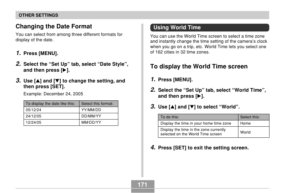 Changing the date format, Using world time, To display the world time screen | 171 changing the date format | Casio EX-Z750 User Manual | Page 171 / 250