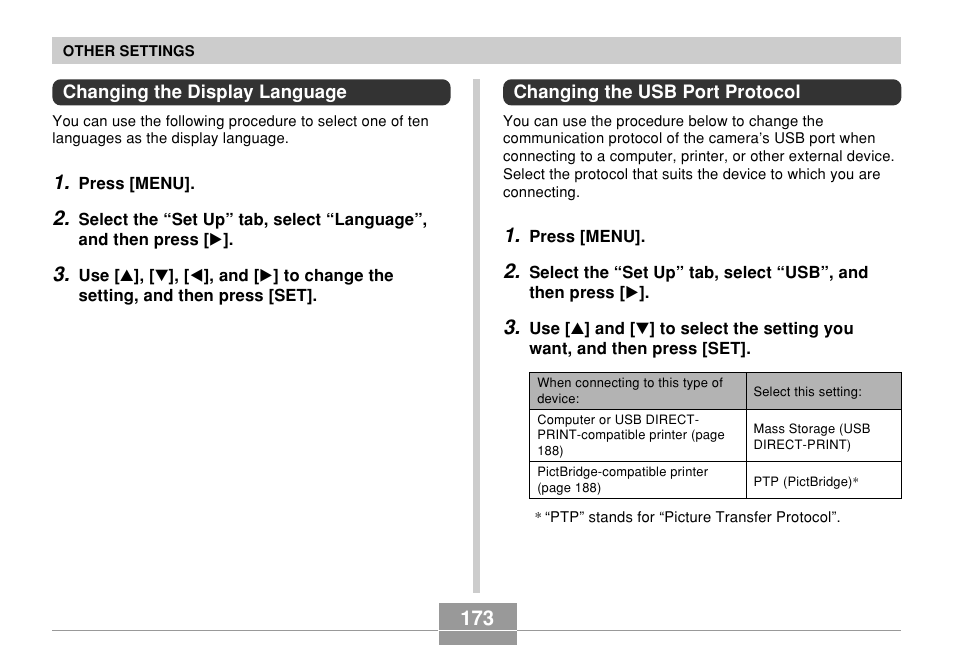 Changing the display language, Changing the usb port protocol | Casio EX-Z750 User Manual | Page 173 / 250