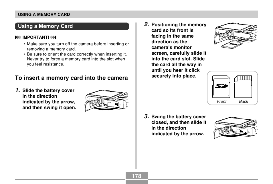Using a memory card, To insert a memory card into the camera | Casio EX-Z750 User Manual | Page 178 / 250