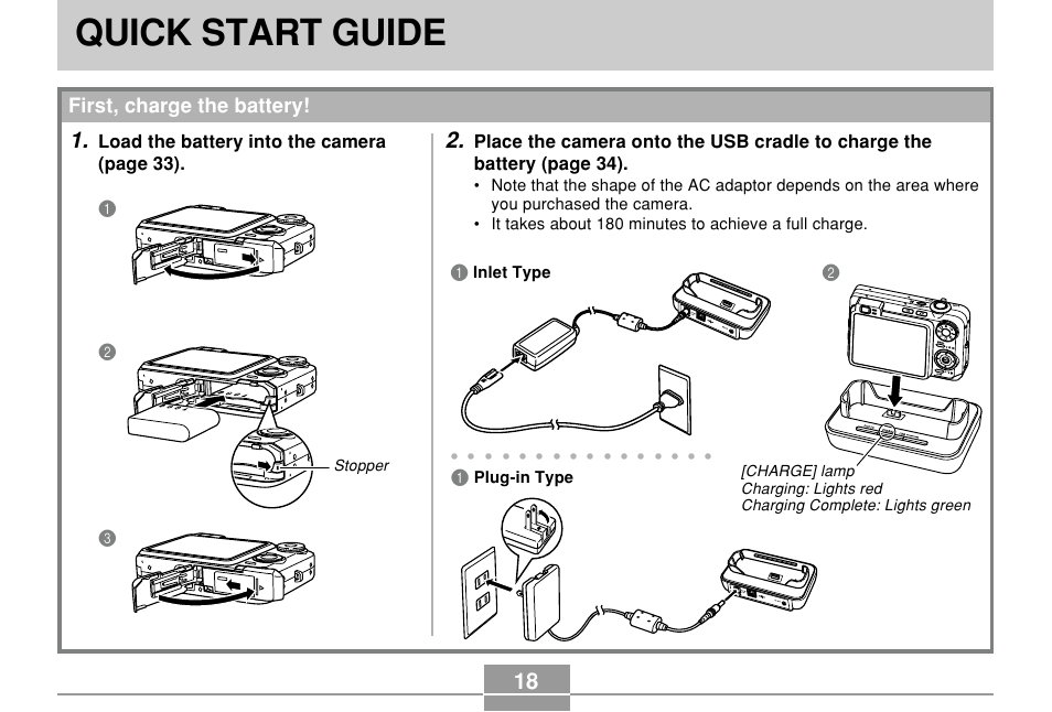 Quick start guide, First, charge the battery, Load the battery into the camera (page 33) | Casio EX-Z750 User Manual | Page 18 / 250
