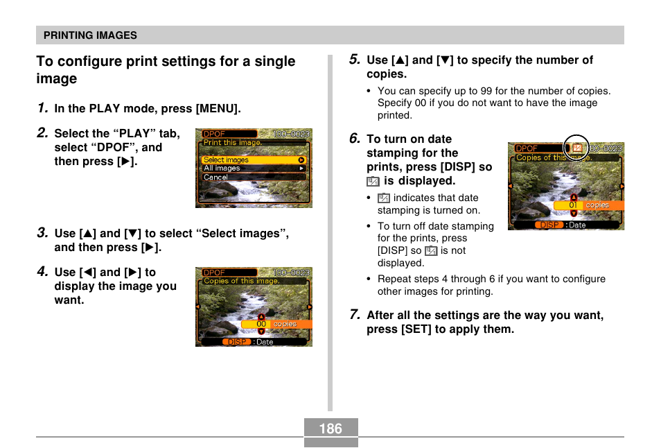 To configure print settings for a single image | Casio EX-Z750 User Manual | Page 186 / 250