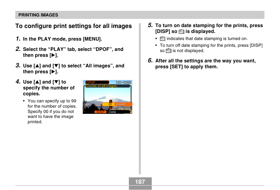 To configure print settings for all images, 187 to configure print settings for all images 1 | Casio EX-Z750 User Manual | Page 187 / 250