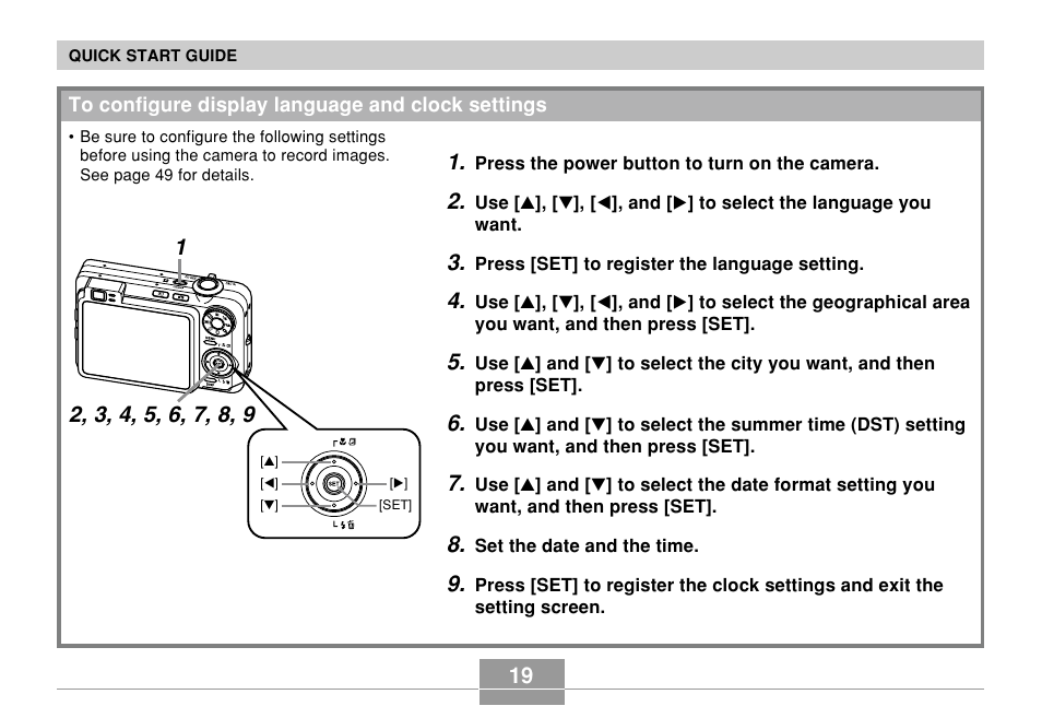 To configure display language and clock settings | Casio EX-Z750 User Manual | Page 19 / 250