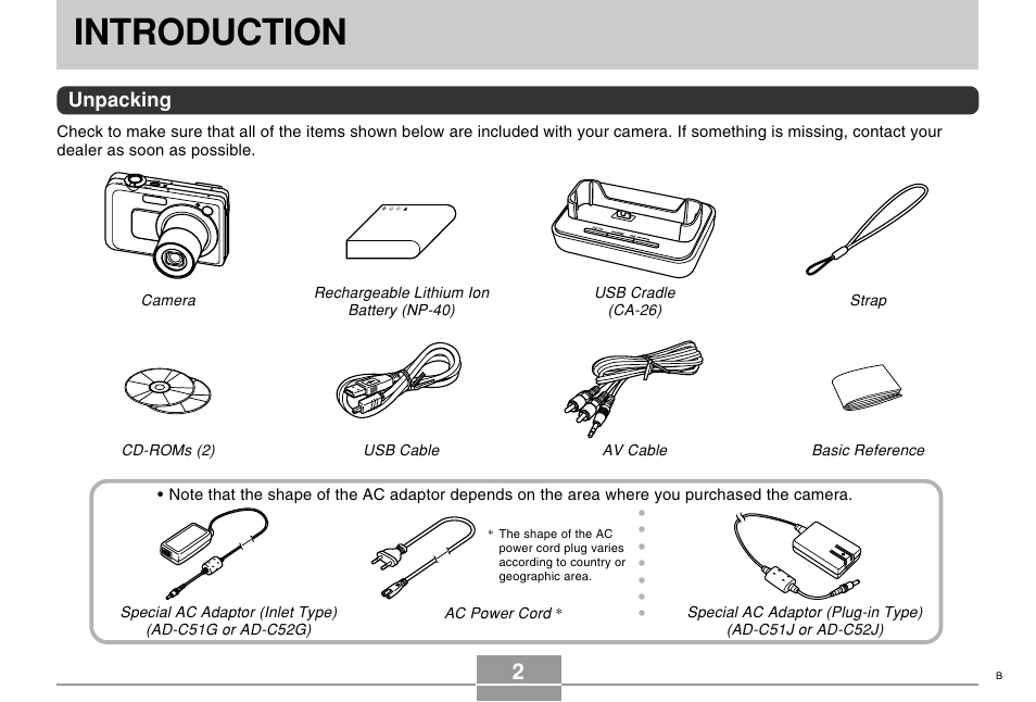 Introduction, Unpacking | Casio EX-Z750 User Manual | Page 2 / 250