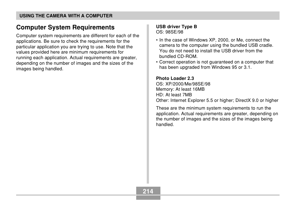 Computer system requirements, 214 computer system requirements | Casio EX-Z750 User Manual | Page 214 / 250