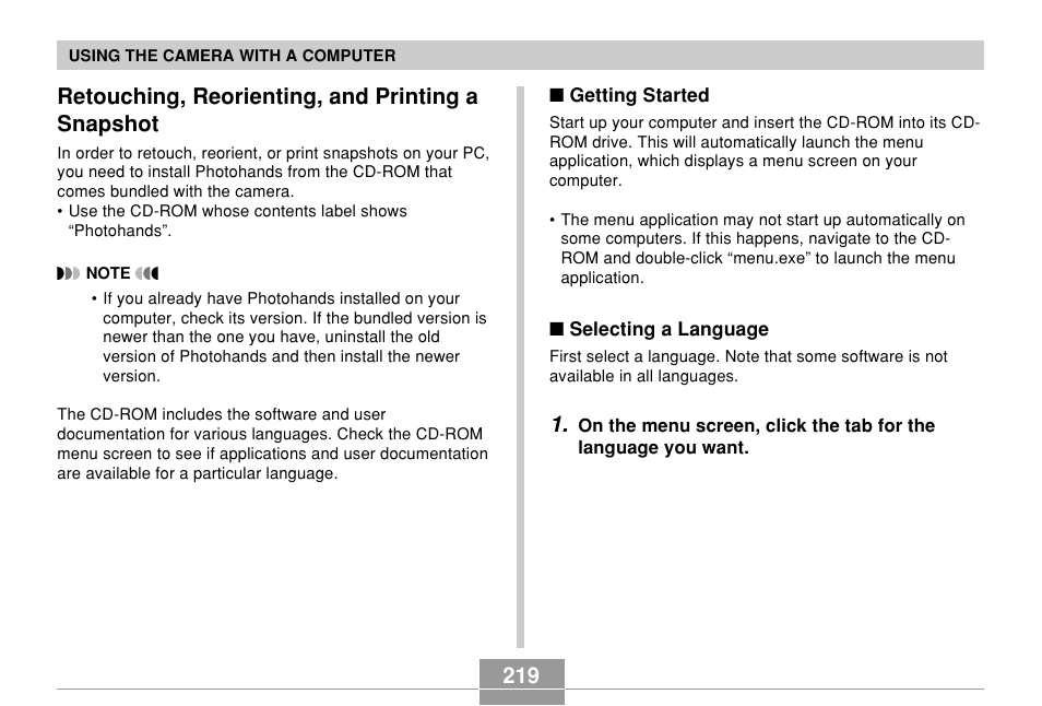 Retouching, reorienting, and printing a snapshot | Casio EX-Z750 User Manual | Page 219 / 250