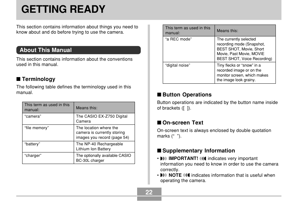 Getting ready, About this manual | Casio EX-Z750 User Manual | Page 22 / 250