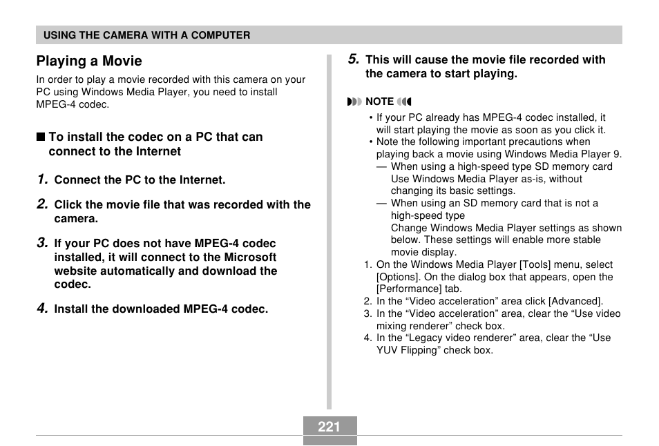 Playing a movie, 221 playing a movie | Casio EX-Z750 User Manual | Page 221 / 250