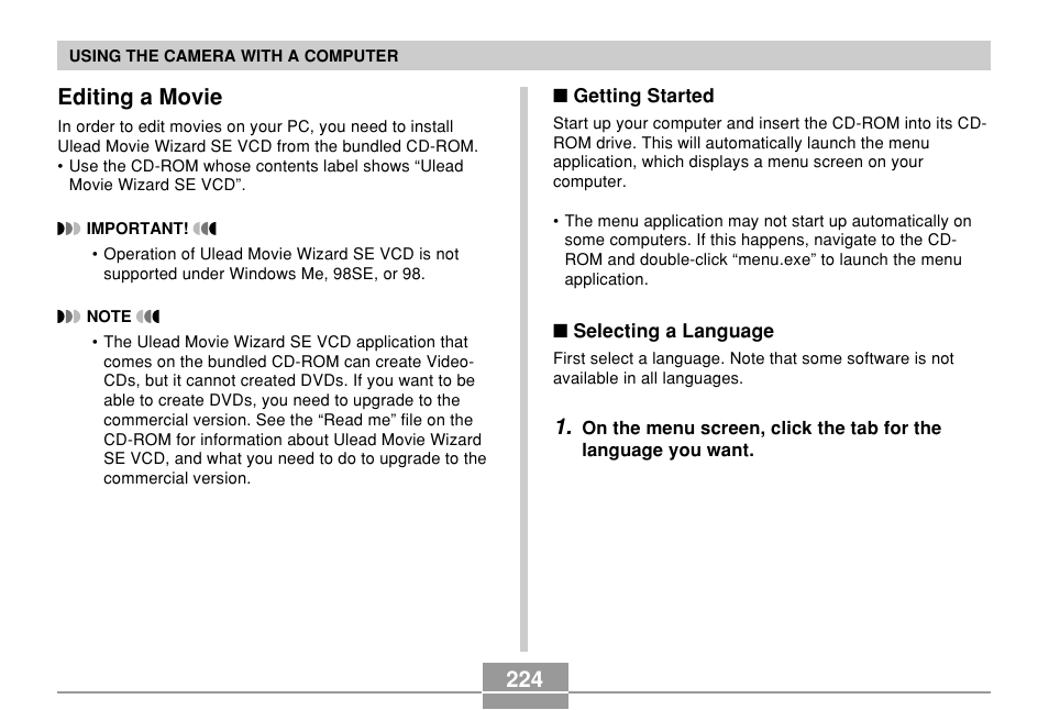 Editing a movie, 224 editing a movie | Casio EX-Z750 User Manual | Page 224 / 250
