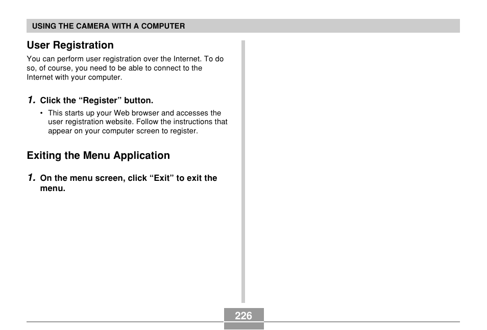 User registration, Exiting the menu application | Casio EX-Z750 User Manual | Page 226 / 250
