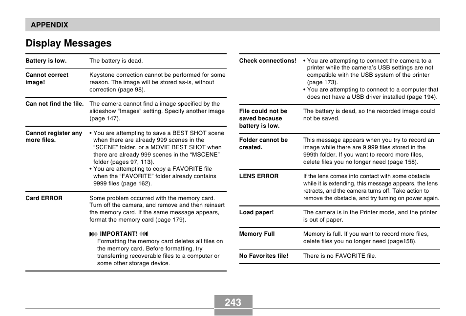 Display messages, 243 display messages | Casio EX-Z750 User Manual | Page 243 / 250