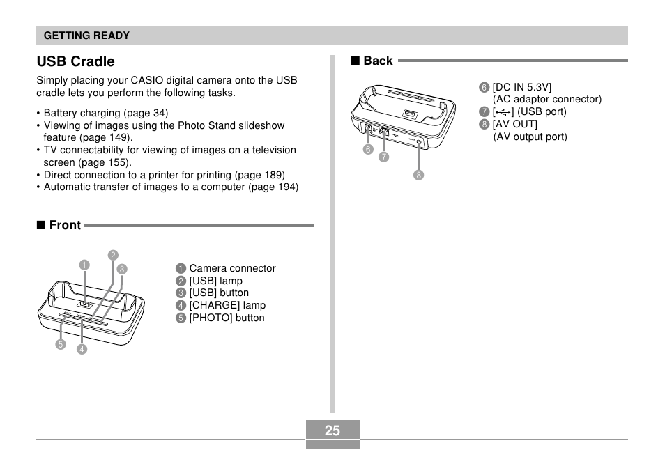 Usb cradle, 25 usb cradle | Casio EX-Z750 User Manual | Page 25 / 250